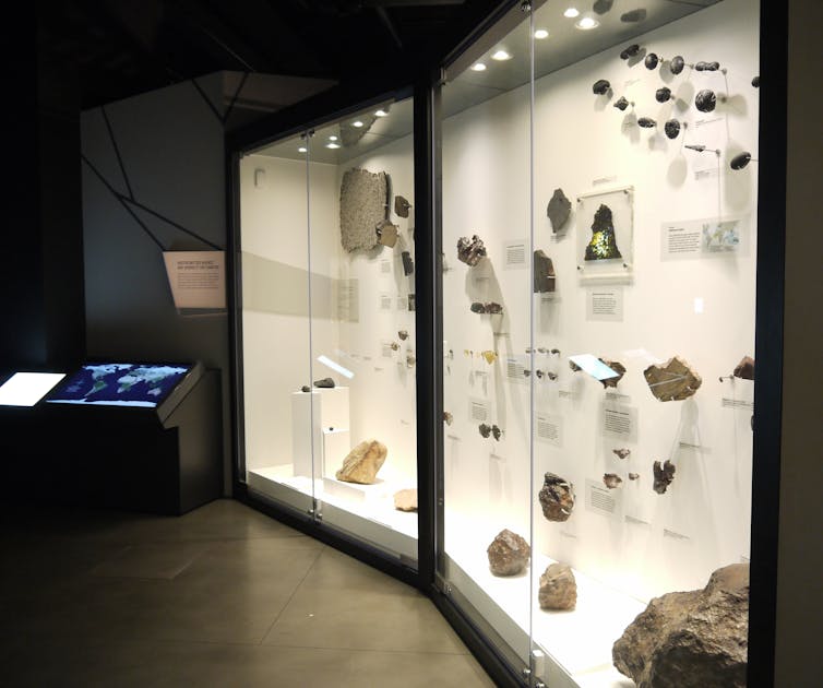 meteorite rock samples in a display cabinet