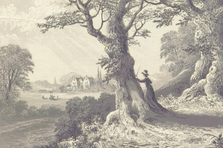 Illustration of Fanny Price leaning on a tree looking at a grand house across a lawn.
