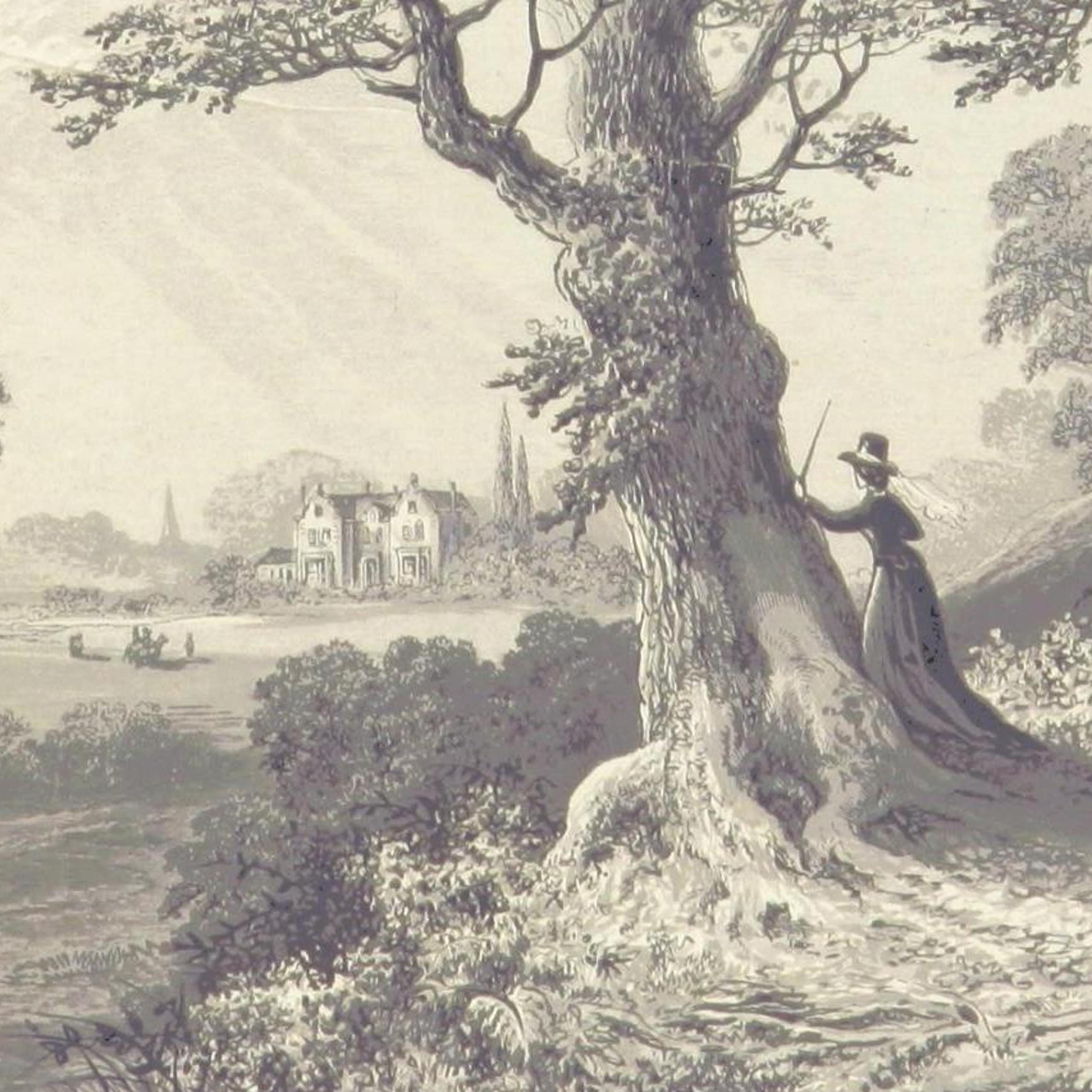 Illustration of Fanny Price leaning on a tree looking at a grand house across a lawn.
