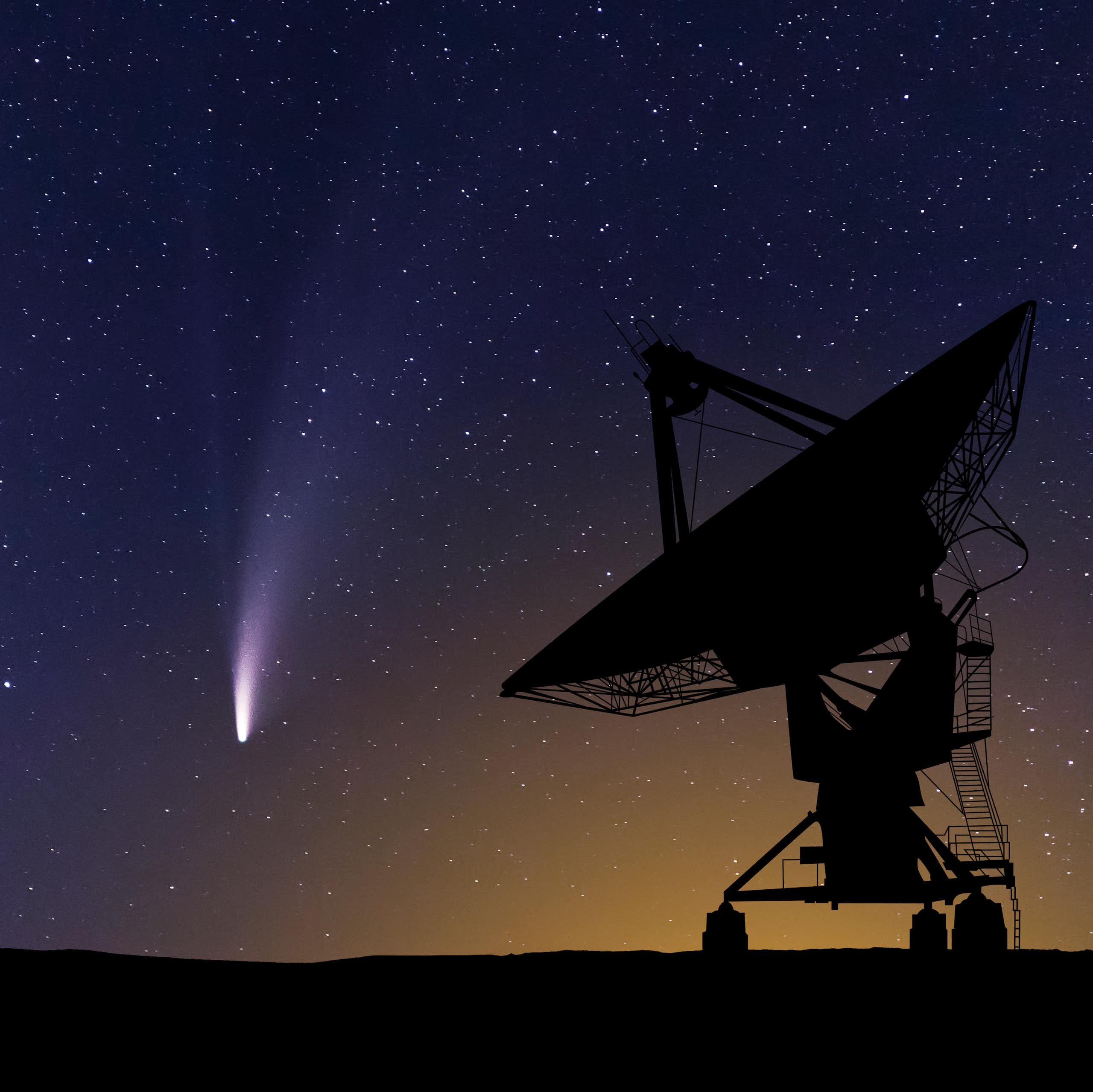 A giant telescope positioned outside looking at the night sky while a comet streaks through