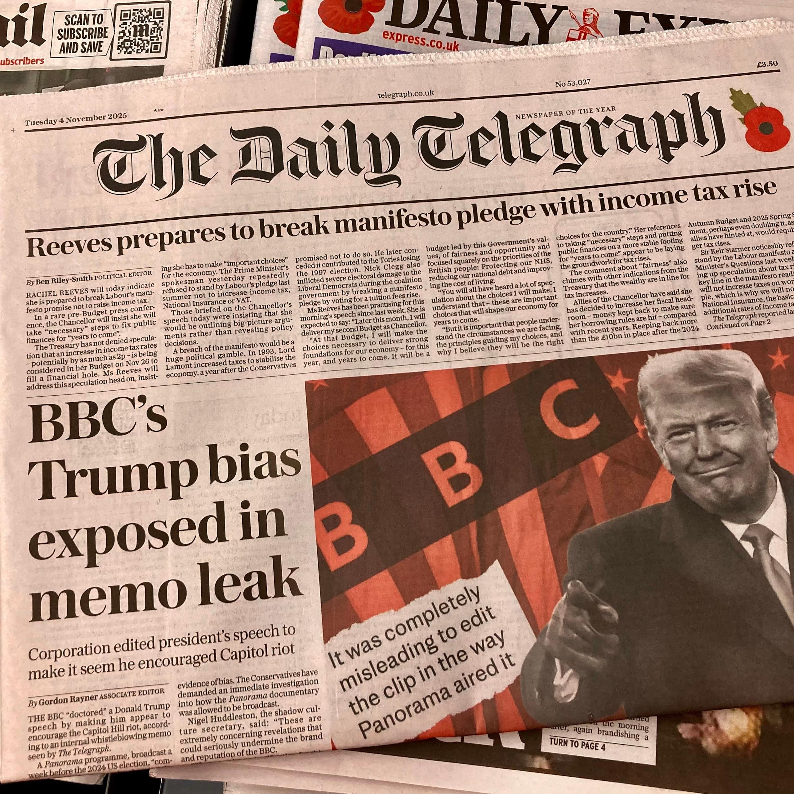 Front page of the Telegraph with the headline 'BBC's Trump bias exposed in memo leak'