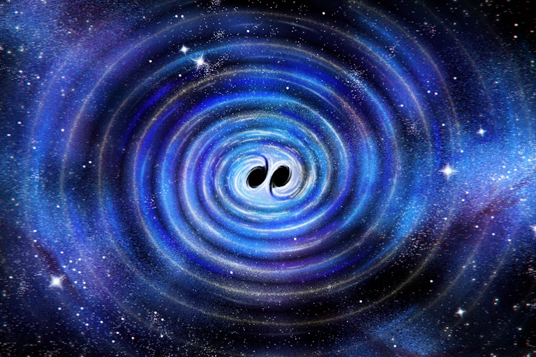 Ilustração da colisão de dois buracos negros e da intensa emissão de ondas gravitacionais associadas à sua fusão