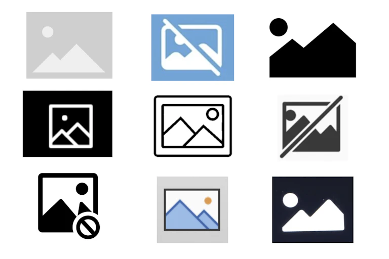A grid featuring various iterations of a simple graphic of two mountain peaks and a sun.