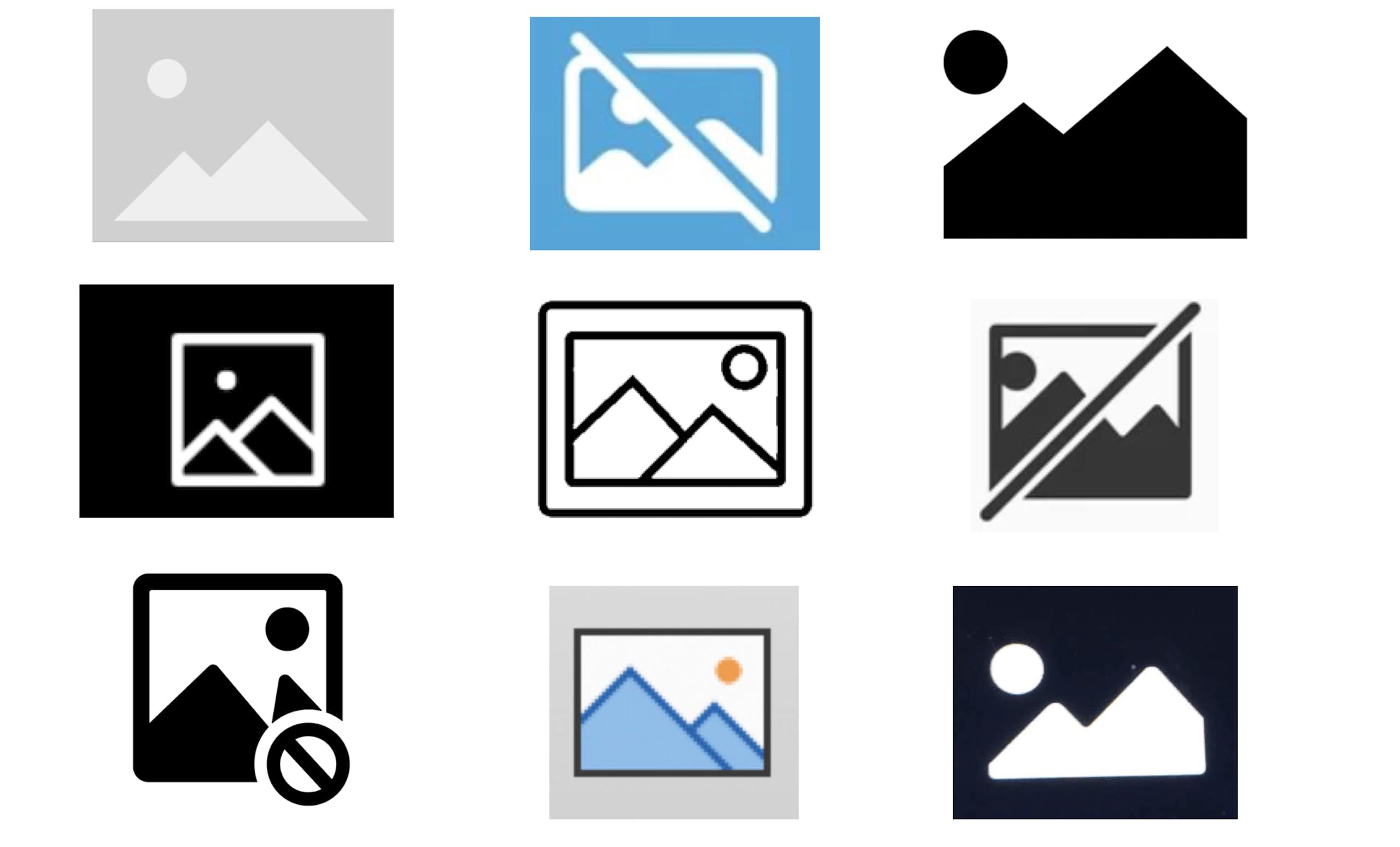 A grid featuring various iterations of a simple graphic of two mountain peaks and a sun.