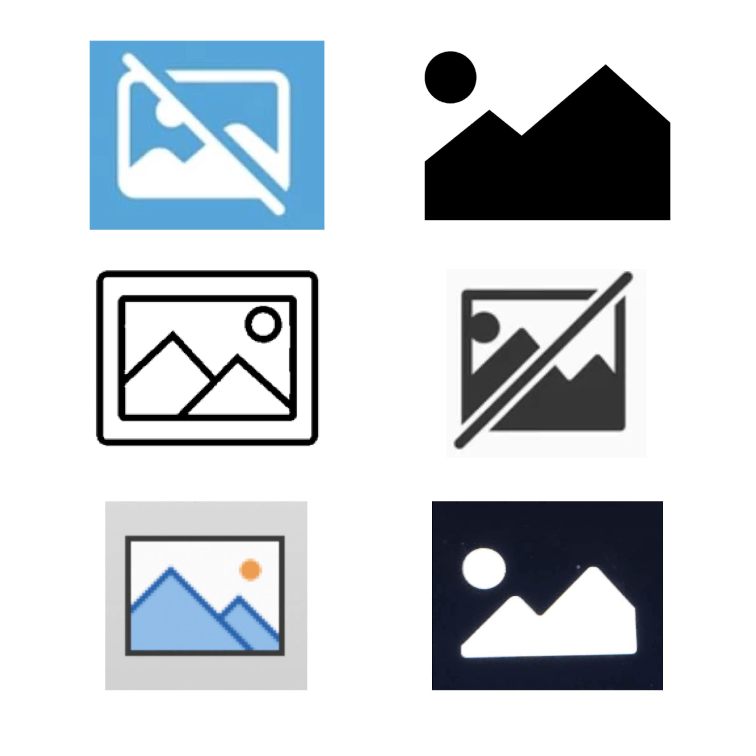 A grid featuring various iterations of a simple graphic of two mountain peaks and a sun.