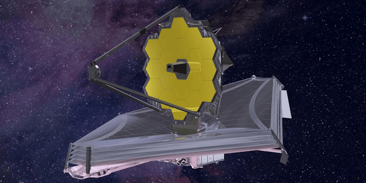 When darkness shines: How darkish stars may light up the early universe 2 Artist's impression of the James Webb telescope, which has a hexagonal mirror made up of smaller hexagons, and sits on a rhombus-shaped spacecraft.