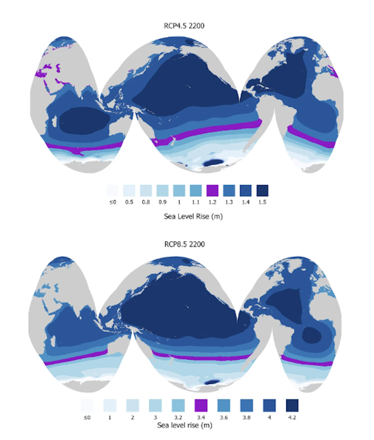 Sea point doesn’t upward thrust on the identical fee in every single place – we mapped the place Antarctica’s ice soften would have the most important have an effect on 2 Two maps of the earth showing differing sea level rise