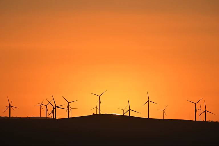 Windfarms in front of an orange sunset.