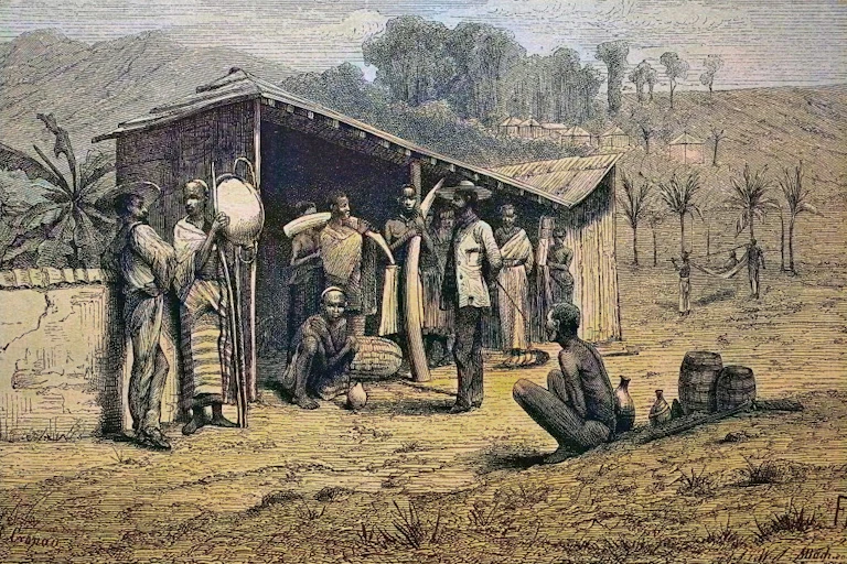 A colourised historical illustration of African men at a shelter talking with a man in European clothing. They hold elephant tusks and metal objects.