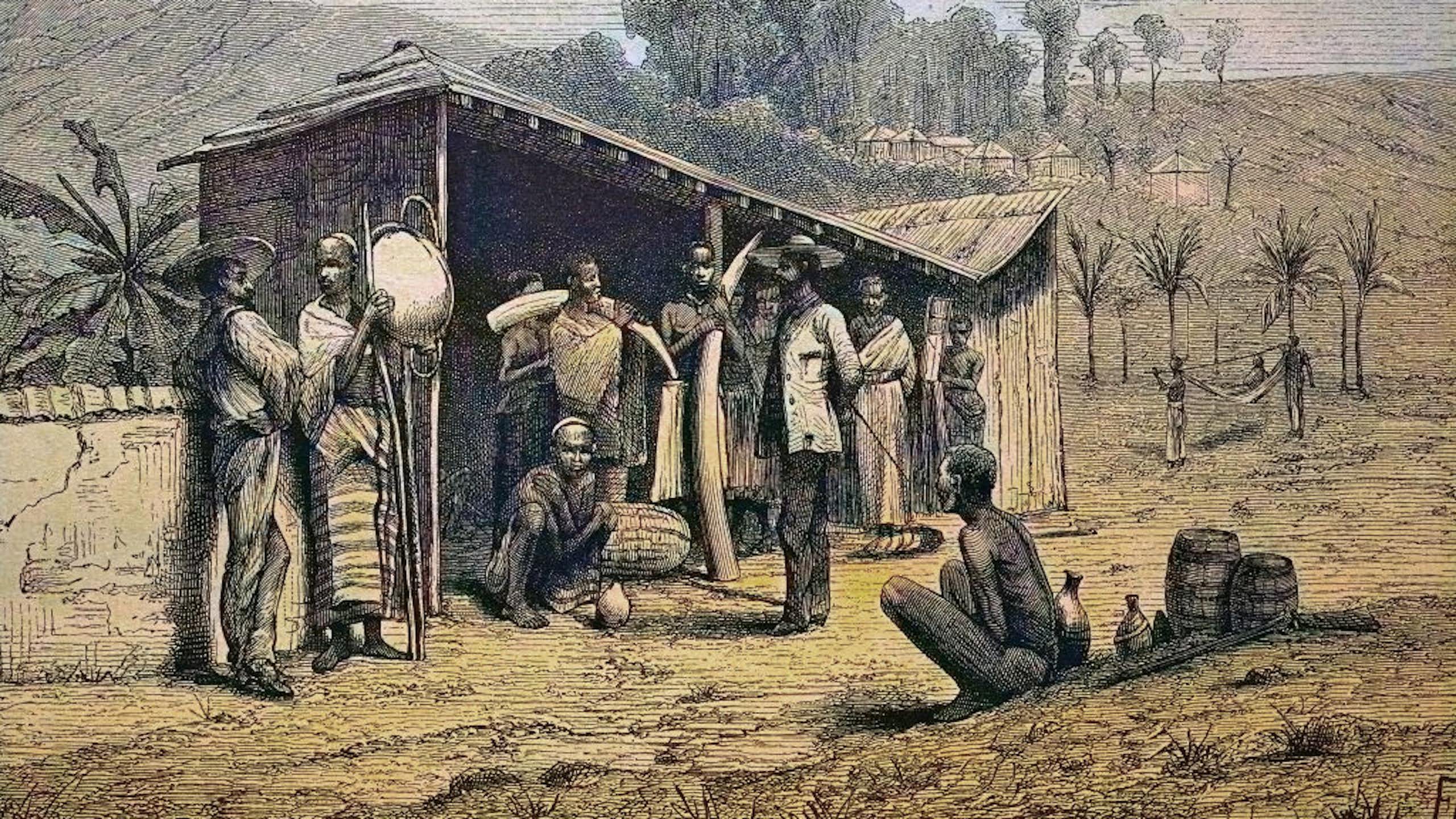 A colourised historical illustration of African men at a shelter talking with a man in European clothing. They hold elephant tusks and metal objects.