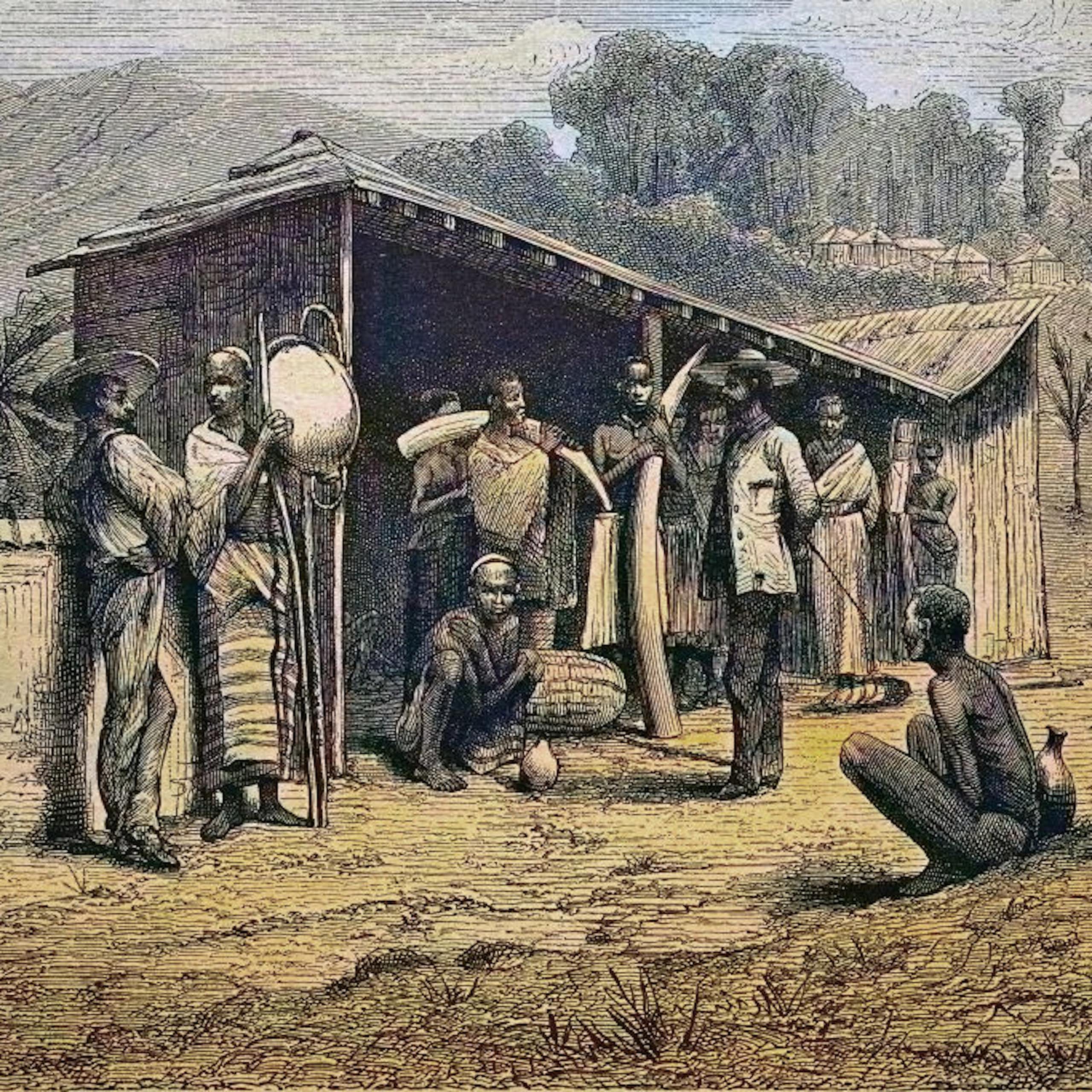 A colourised historical illustration of African men at a shelter talking with a man in European clothing. They hold elephant tusks and metal objects.