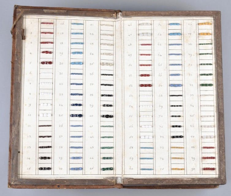 A book with a wooden cover open to pages displaying many numbered squares in rows - each number correlating to a sample of coloured glass beads pinned in place.