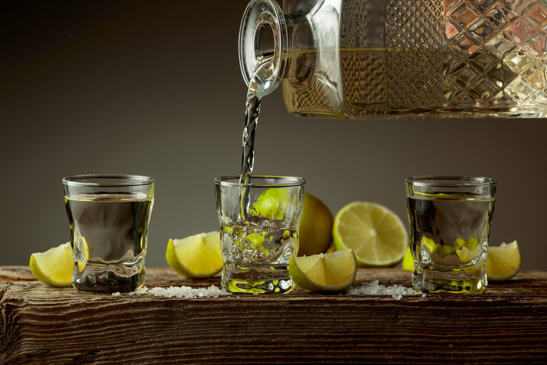 Vasos con tequila servidos con una botella.