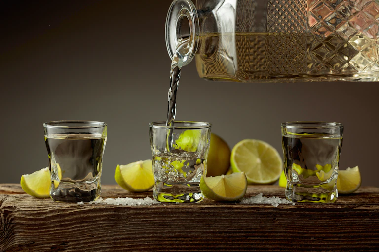 Vasos con tequila servidos con una botella.