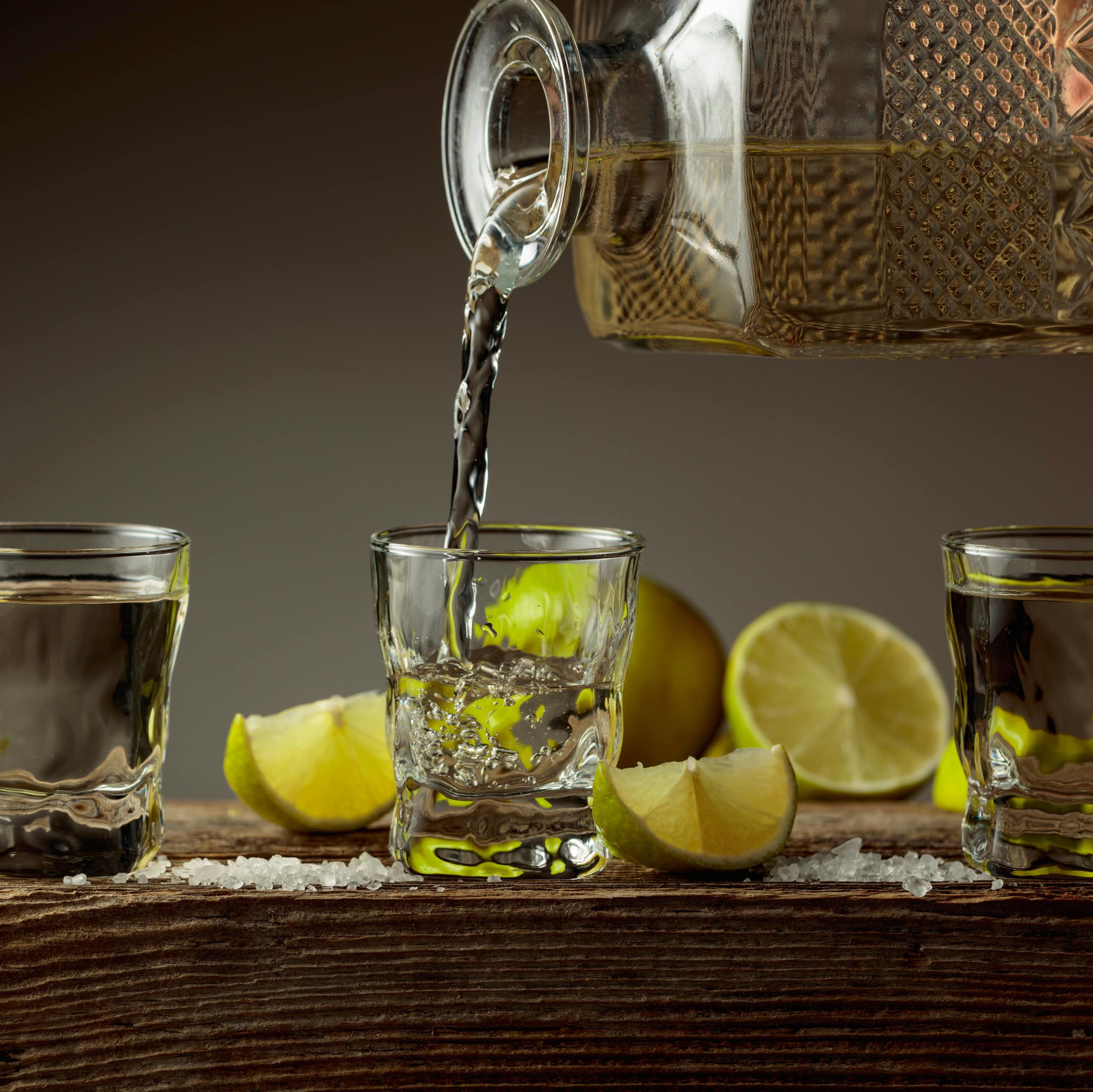 Vasos con tequila servidos con una botella.