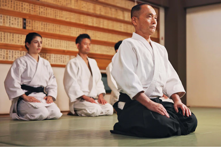 Three martial artists in white tops sit on their knees in a simple room with a green floor and white wall.