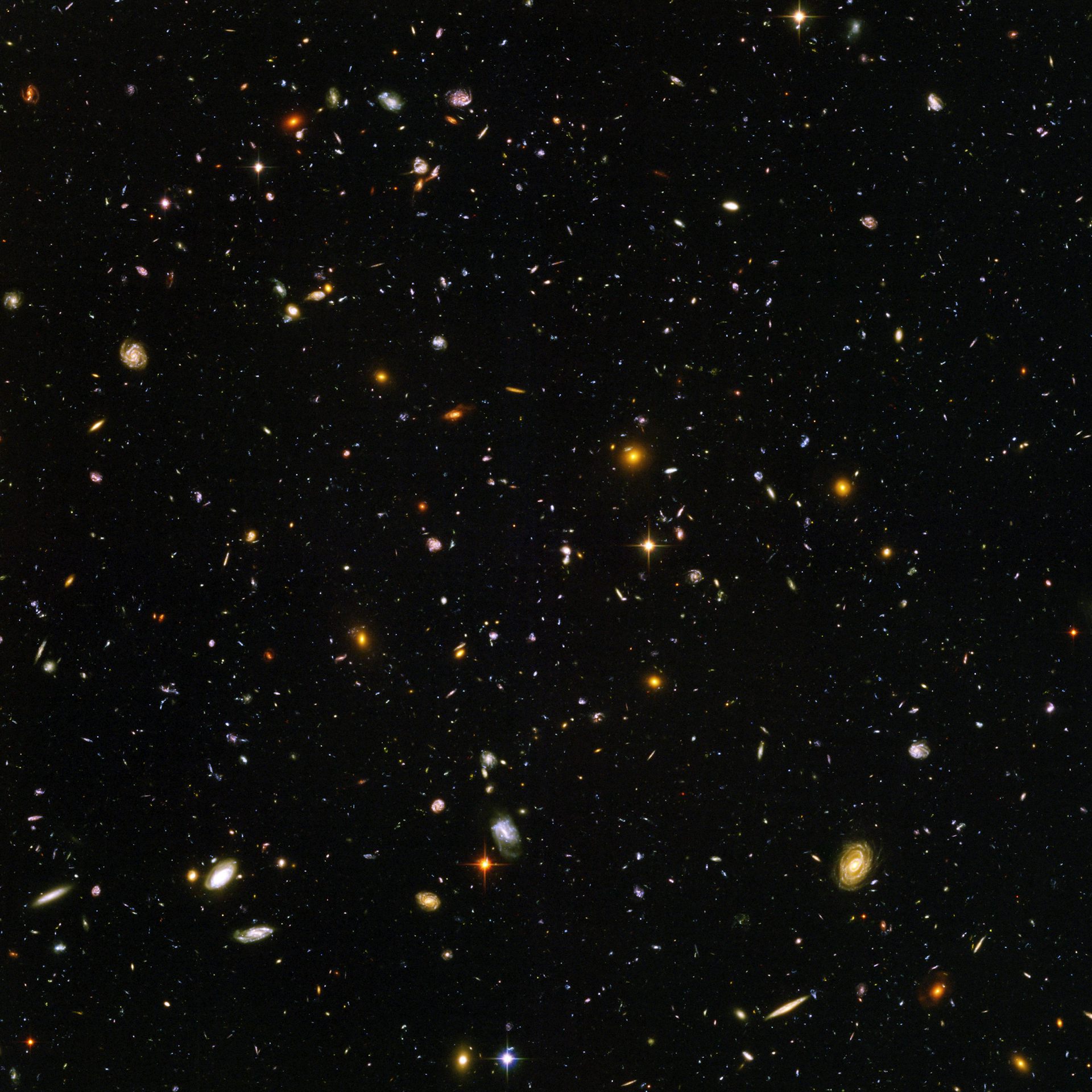 Photo du ciel : sur le fond noir de l'espace, de nombreuses galaxies apparaissent, de différentes tailles et de différentes couleurs.