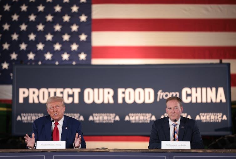 Farmers – lengthy Trump backers – undergo the prices of latest price lists, limited immigration and slashed renewable power subsidies 3 Two men in suits sit at a table in front of a giant American flag and a sign saying 'Protect our food from China.'