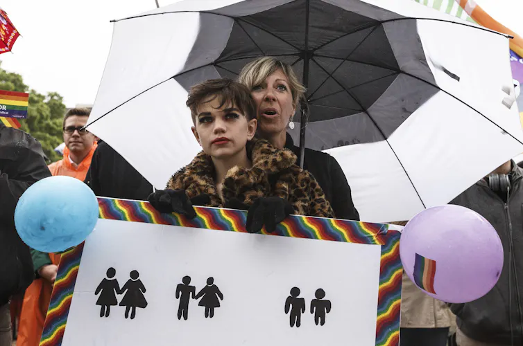 An adult with an umbrella shelters a young person wearing make-up who holds a sign showing gender icons typically seen to mark washrooms, with female-female, male-female, male-male pairings represented.