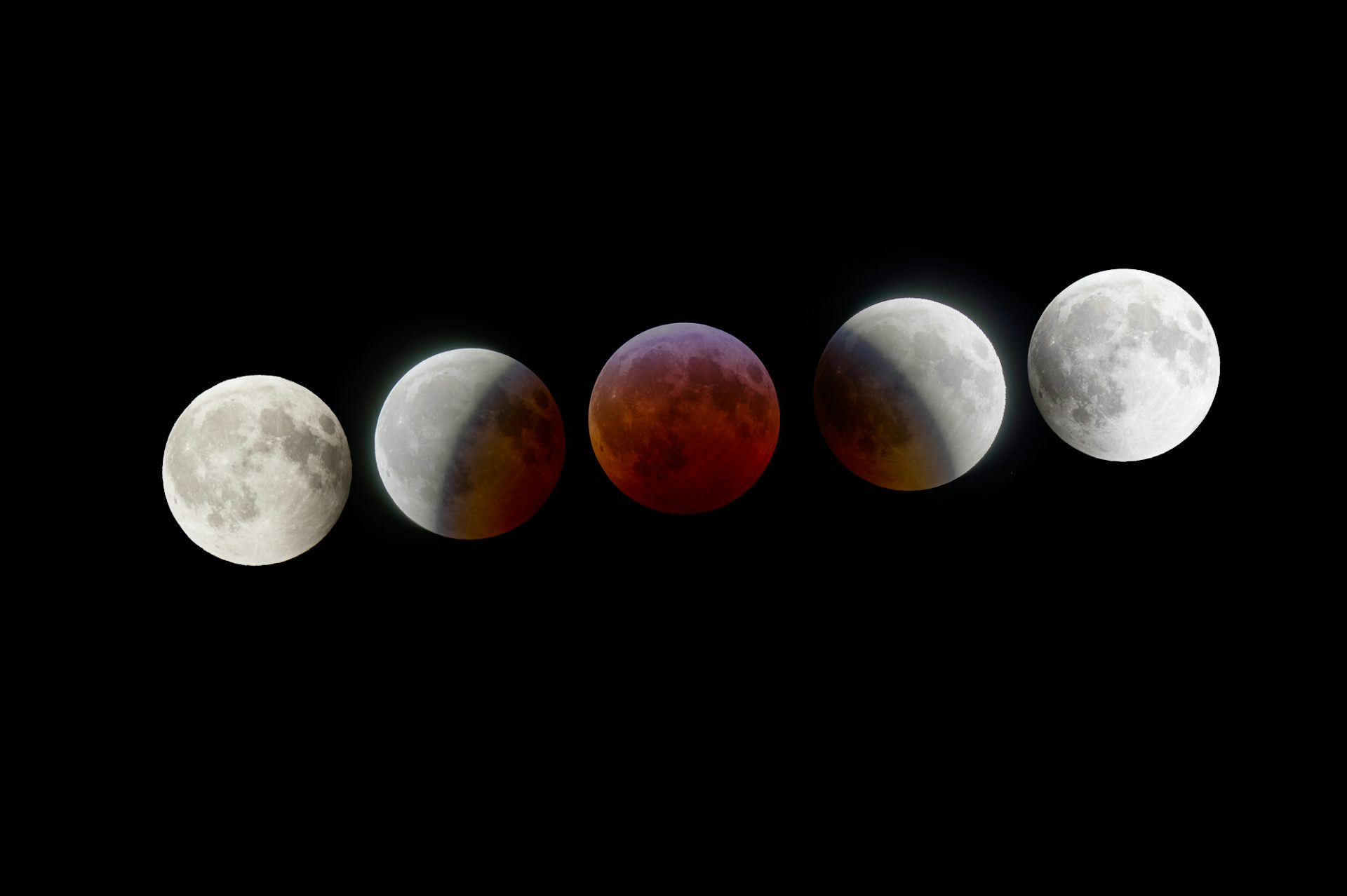 Lunar eclipse 21.01.2019. A sequence of photographs showing the circular shape of the Earth's shadow