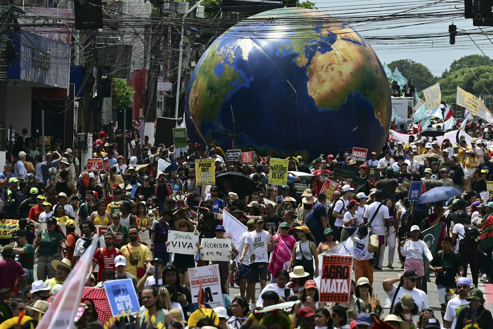 Crowd of people in the street, carrying placards and a large blow up planet Earth