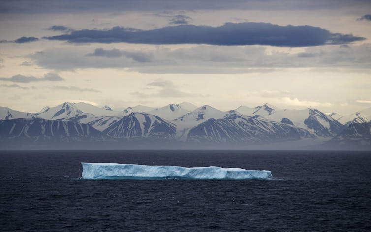 un iceberg flotando en el océano, montañas nevadas al fondo