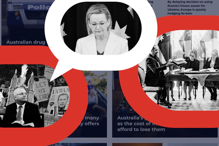 Composite image of universities, Nationals' Sussan Ley and Victoria's treaty signing.