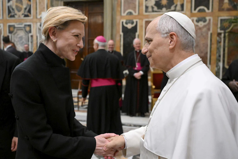 Pope Leo XIV (right) shakes hands with Australian actor and producer Cate Blanchett (left) inside at the Apostolic Palace, Vatican City.