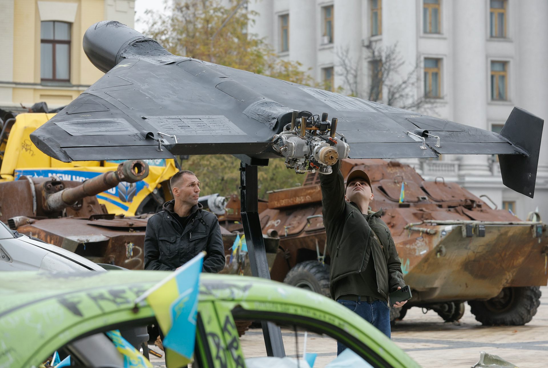 The remnants of a Russian drone on display in Kyiv