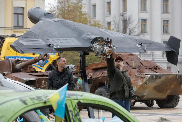 The remnants of a Russian drone on display in Kyiv