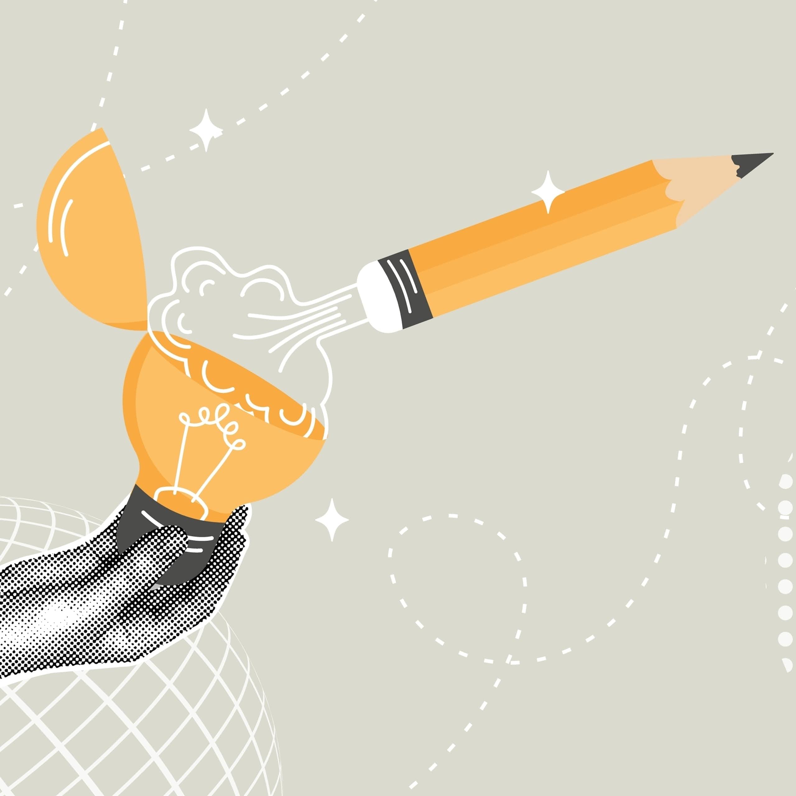 Ilustración en la que un lápiz sale disparado de una bombilla abierta.