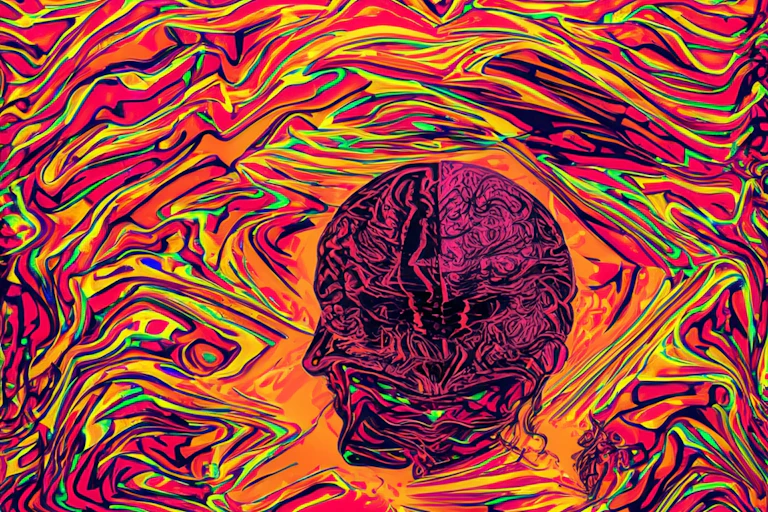 Illustration of a human surrounded by bright turbulent waves