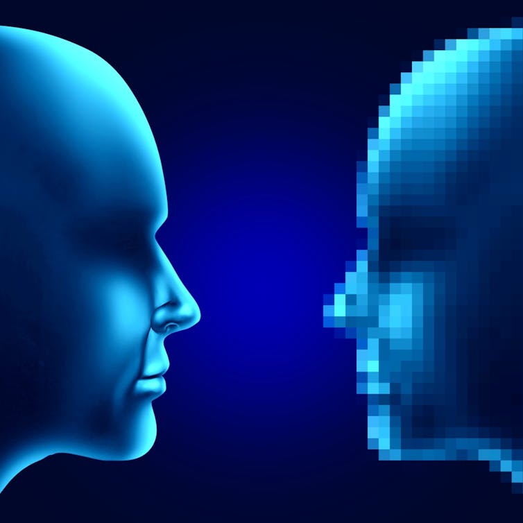 Humanoid face opposite from a pixelated face.