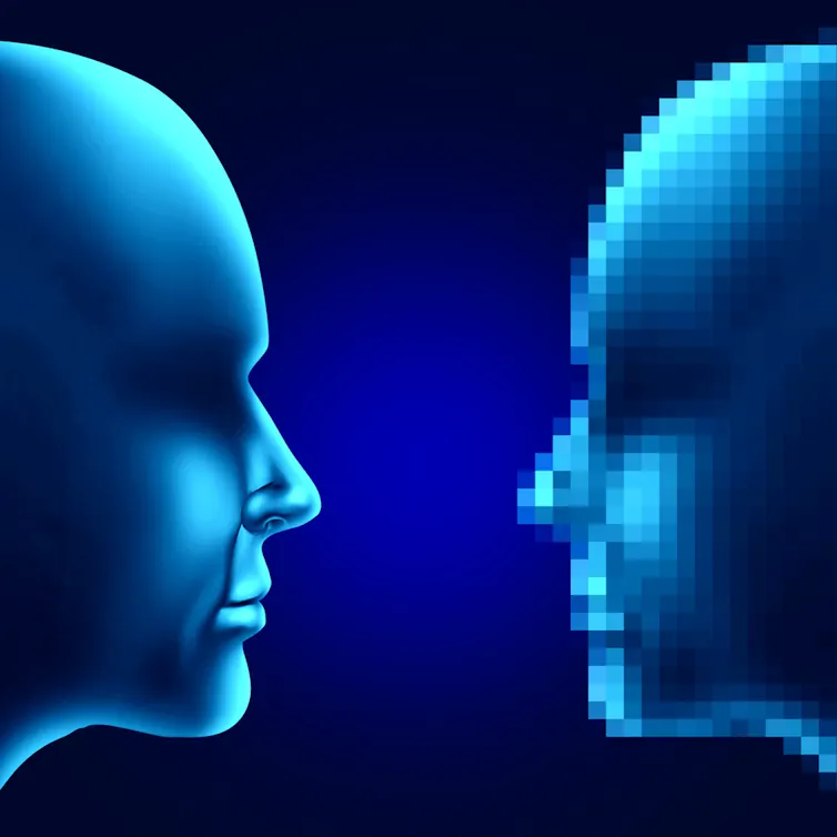 Humanoid face opposite from a pixelated face.