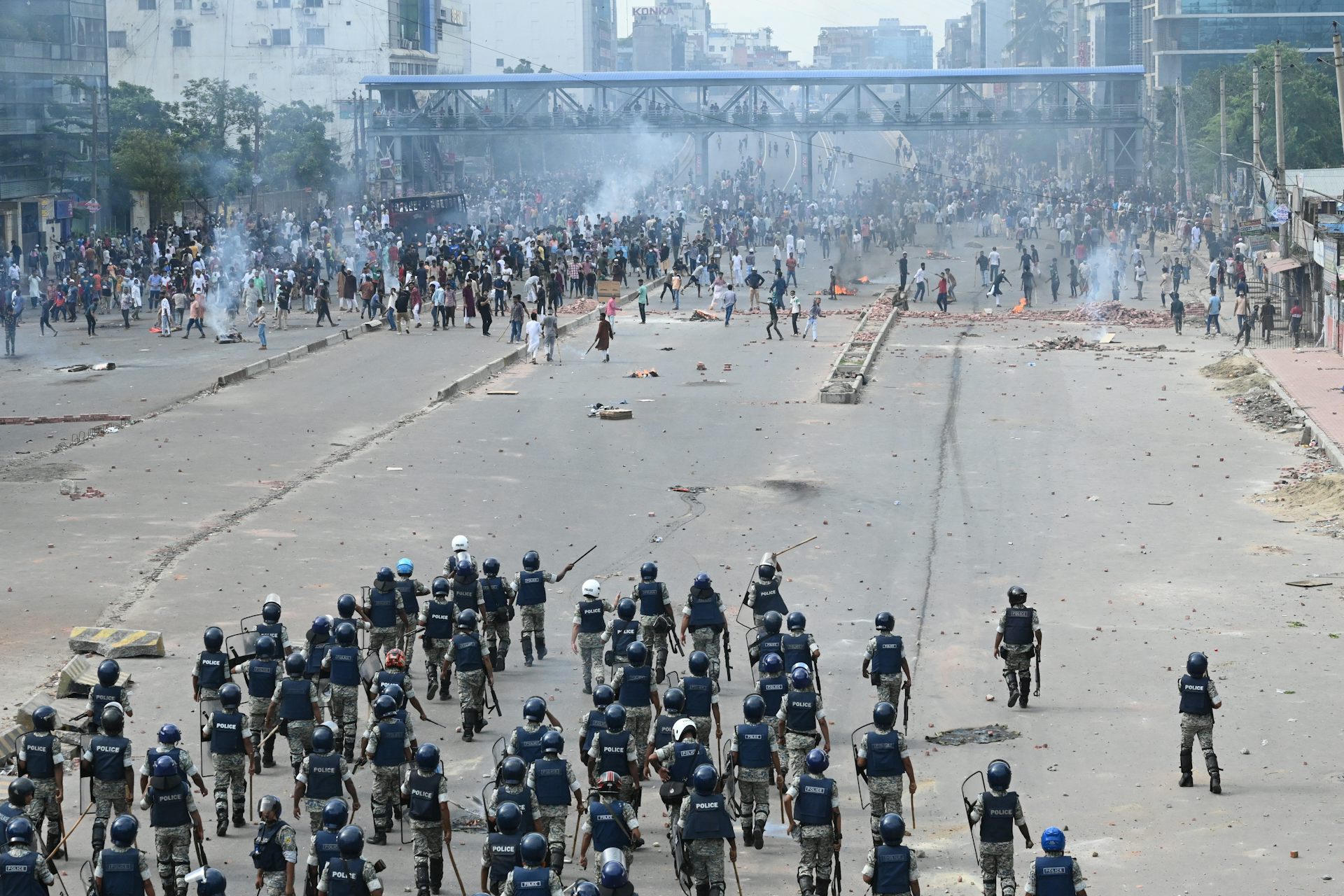 Bangladeshi students clash with police during a protest.