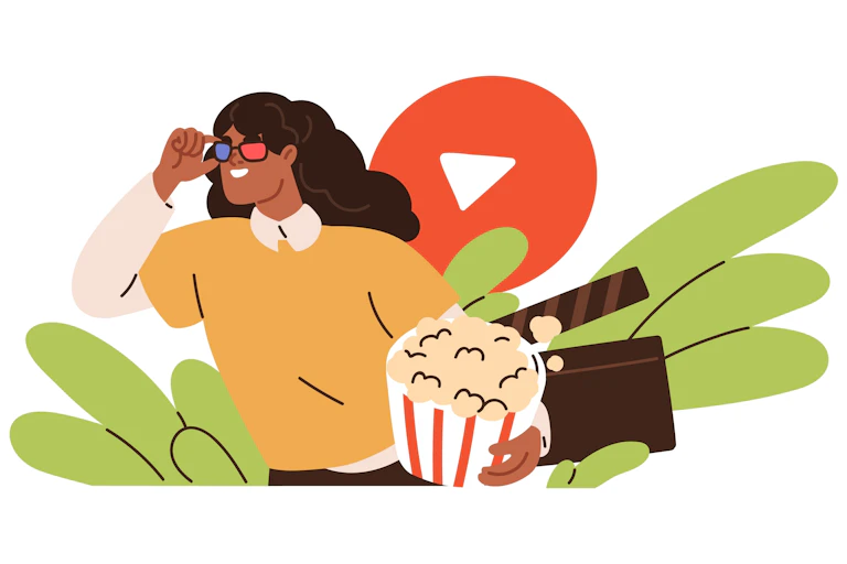 illustration of a woman holding popcorn and wearing 3D glasses