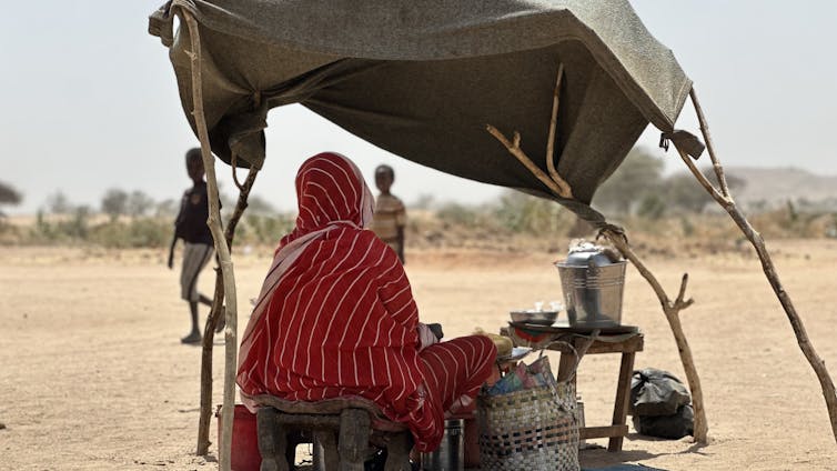 ‘I have to talk about it so that the world can know what happened to women and girls in Sudan’ – rape and terror sparks mass migration 2 A person gets some shade in a makeshift shelter.