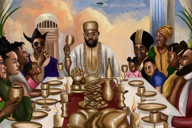 A painting of a supper with a futurist backdrop. Men and women and children laugh and partake, at the head of the table an African man in a gold headpiece raises a gold goblet.