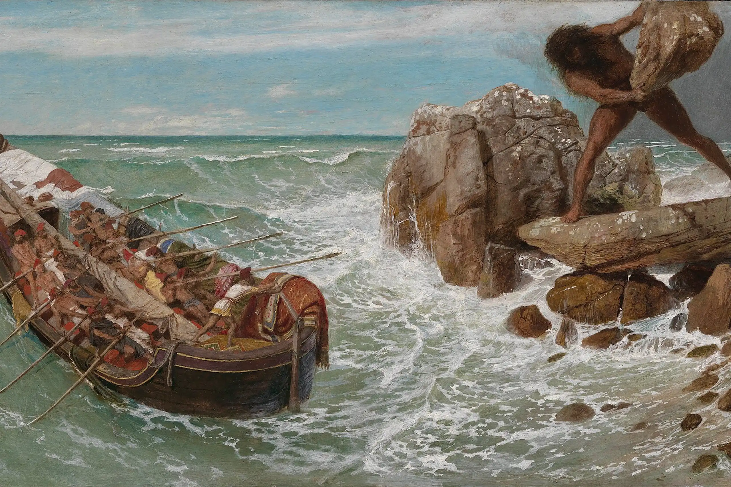 Pintura de un gigante intentando tirarle una piedra a una barca con gente.