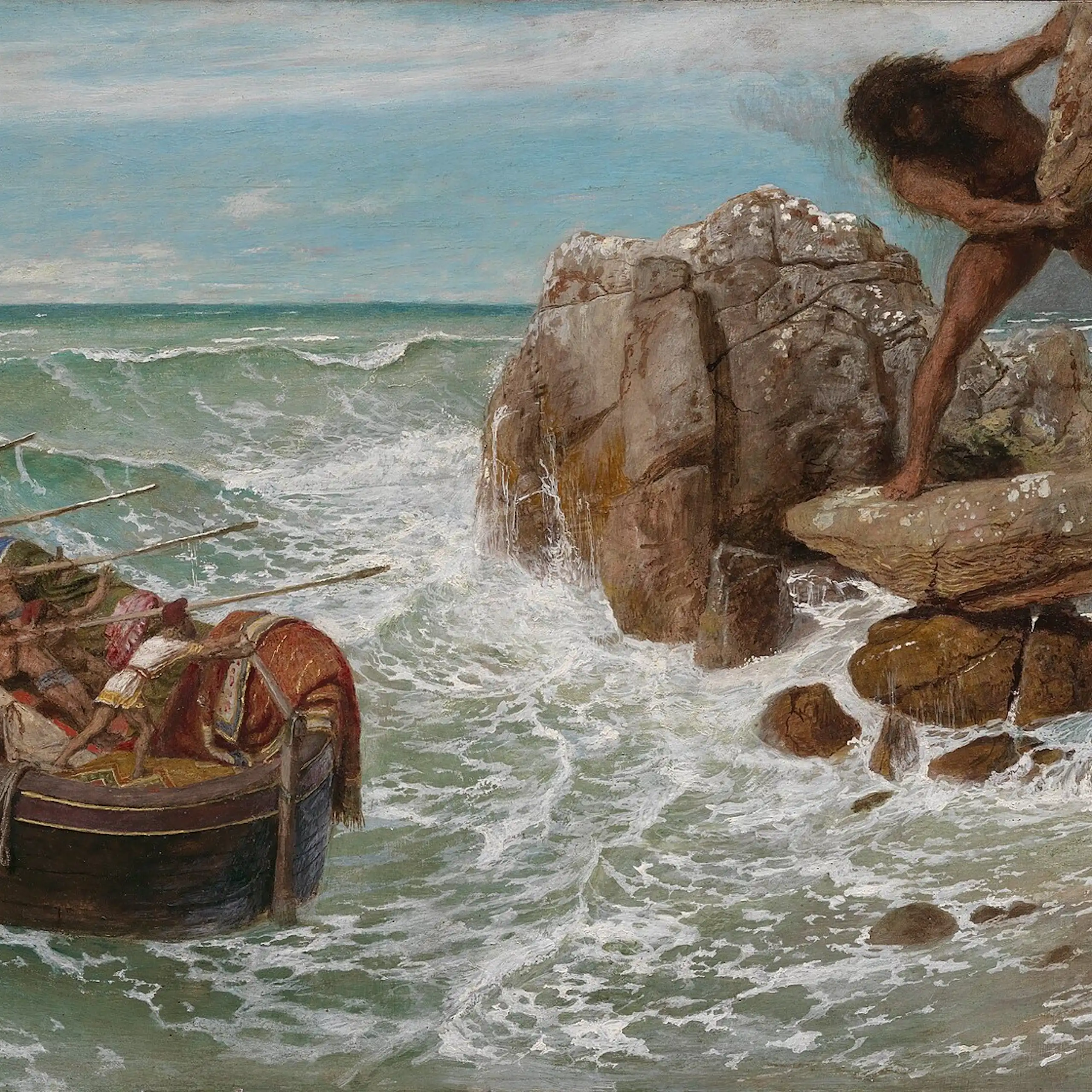 Pintura de un gigante intentando tirarle una piedra a una barca con gente.