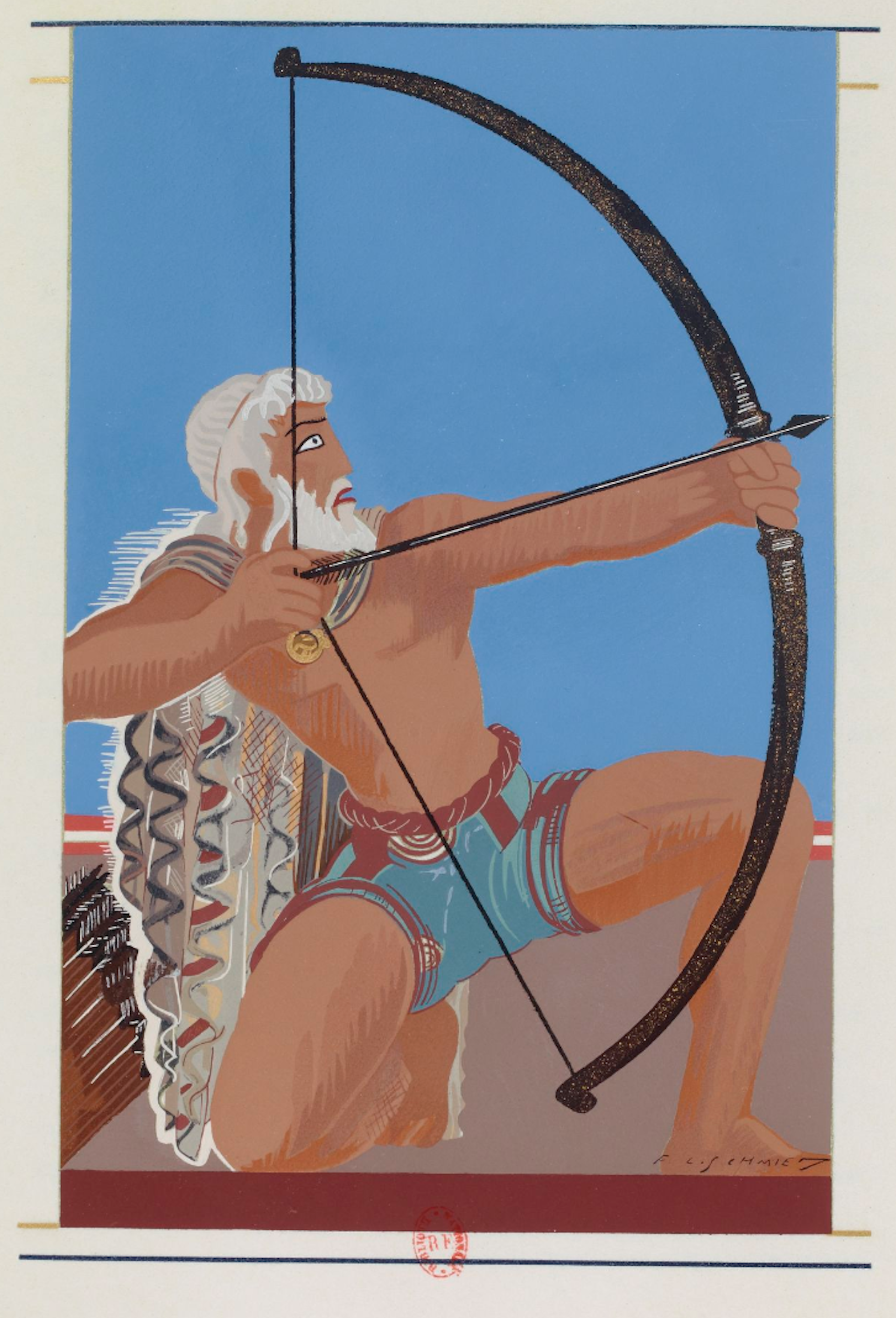 Drawing of a man about to shoot a bow.