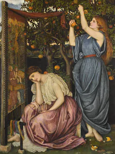 Pintura de Penélope en su telar con una sirvienta recogiendo manzanas.
