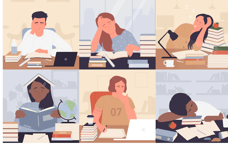 A graphic shows six squares of young people looking at books, some of them are slumped over, others are focused, in this graphic image.