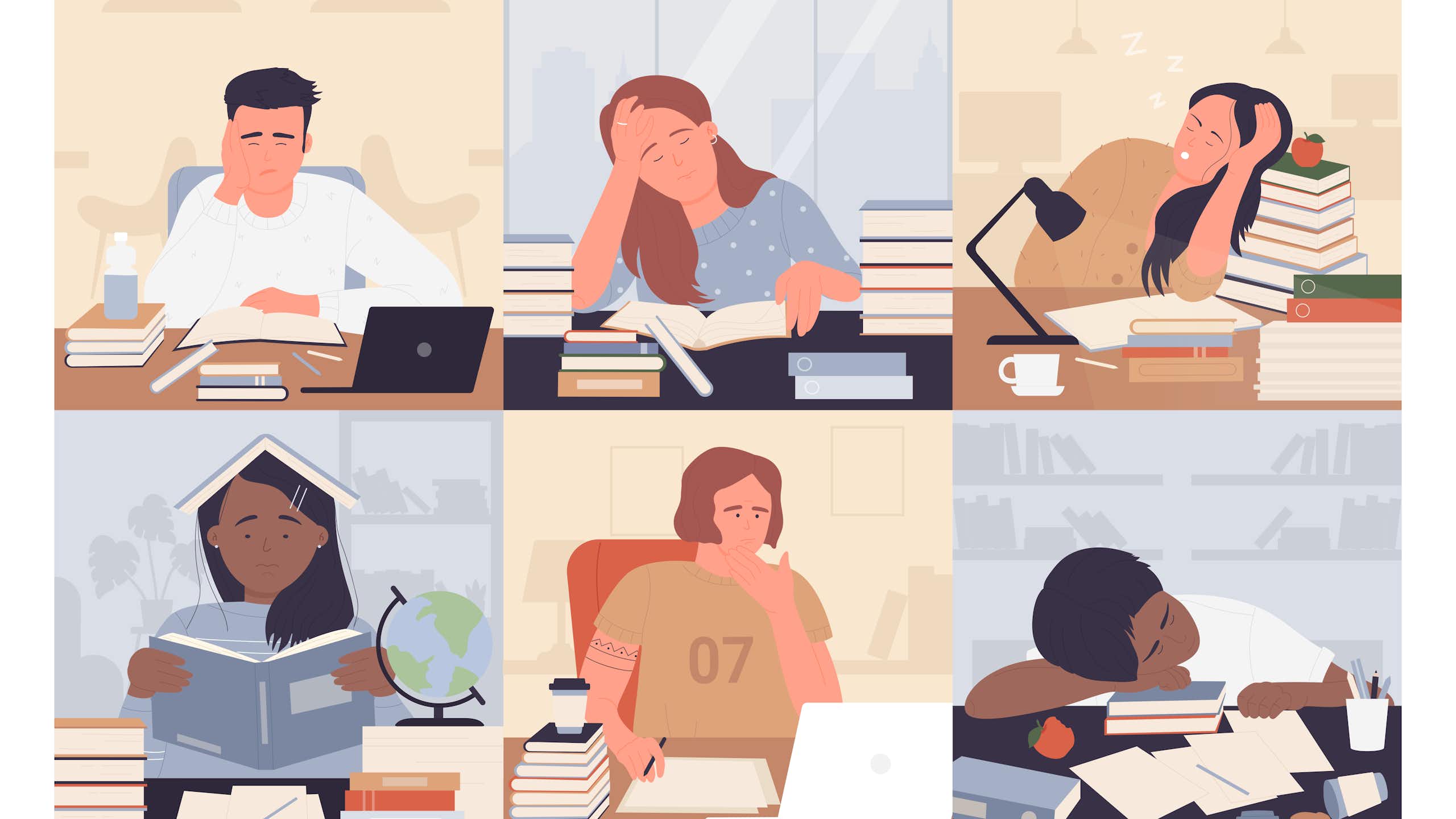 A graphic shows six squares of young people looking at books, some of them are slumped over, others are focused, in this graphic image.