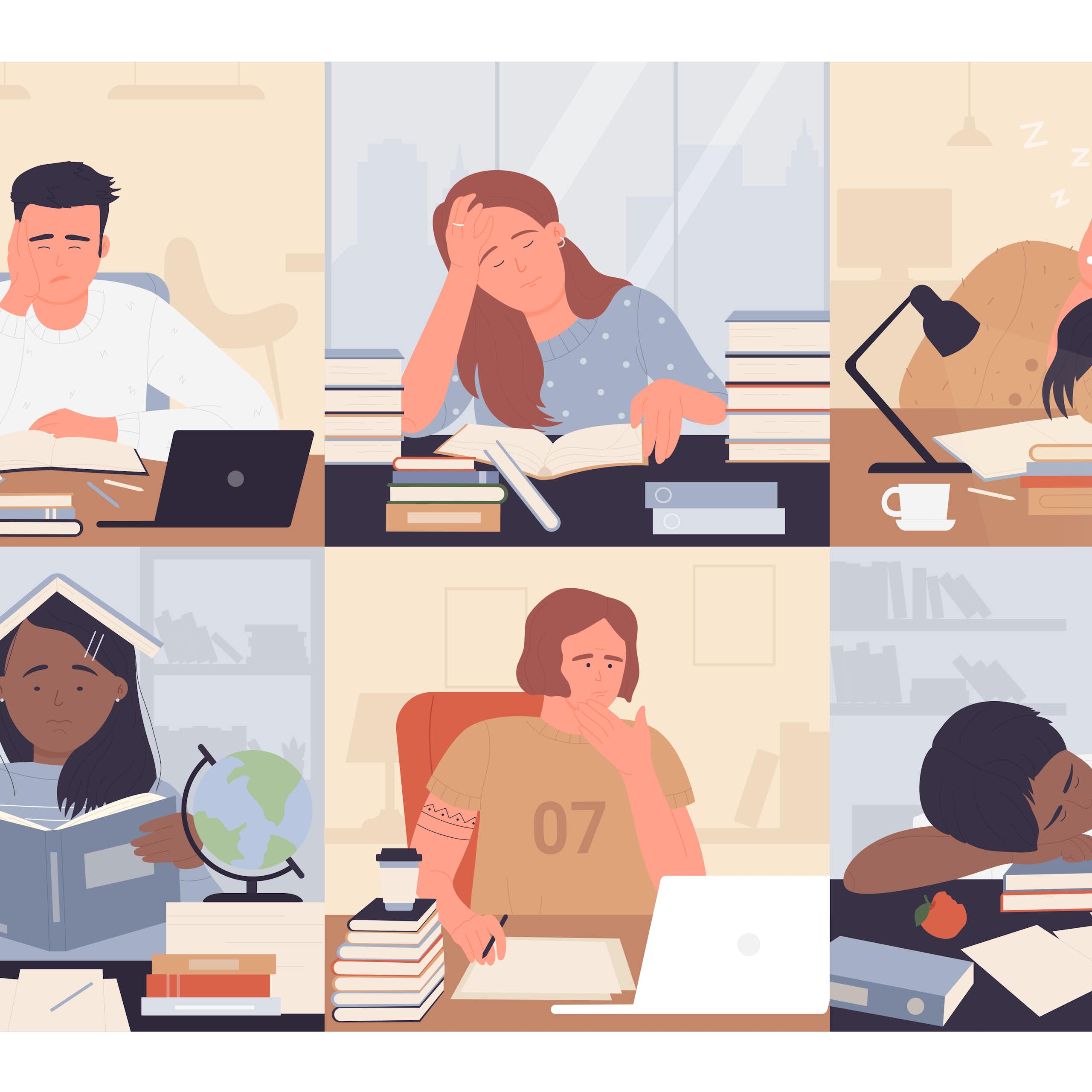 A graphic shows six squares of young people looking at books, some of them are slumped over, others are focused, in this graphic image.