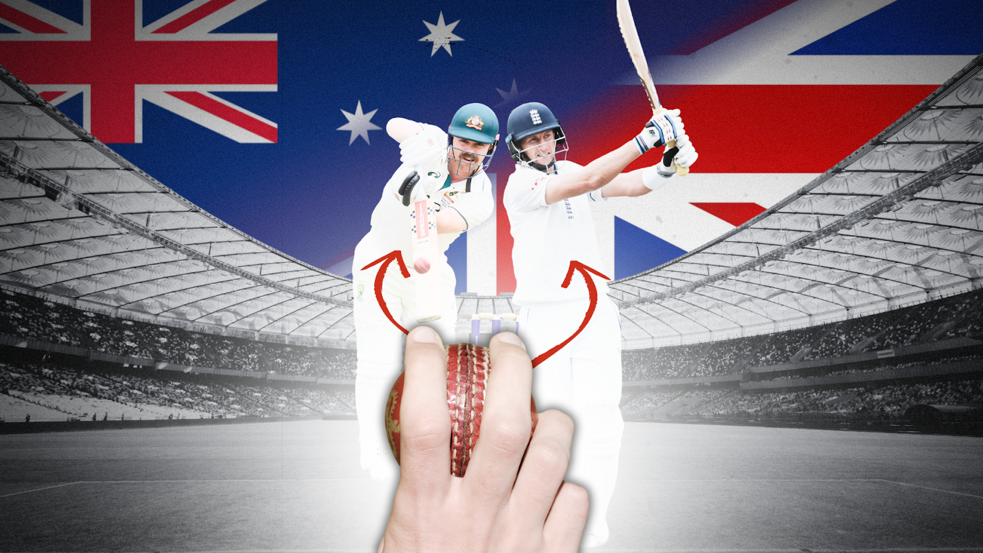 A composite image shows Travis Head and Joe Root batting against a swinging cricket ball.