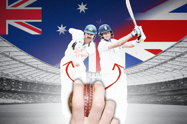 A composite image shows Travis Head and Joe Root batting against a swinging cricket ball.