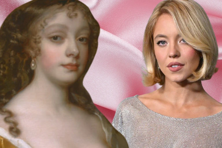 (L-R) Diana Kirke painted by Peter Lely in 1665, one of the 17th century aristocratic women who partook in the exposed nipple trend, Sydney Sweeney in the controversial dress and Rihanna in a sheer dress at the CFDA Fashion Awards in 2014.