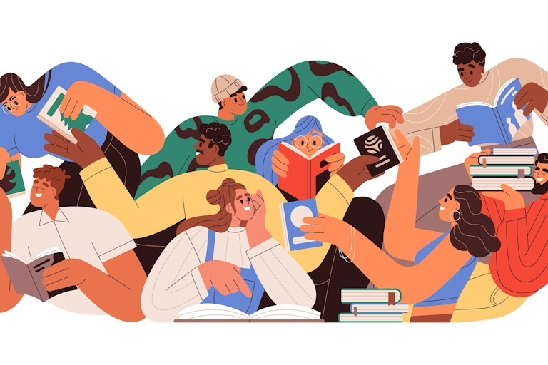 Illustration of several people swapping books and reading