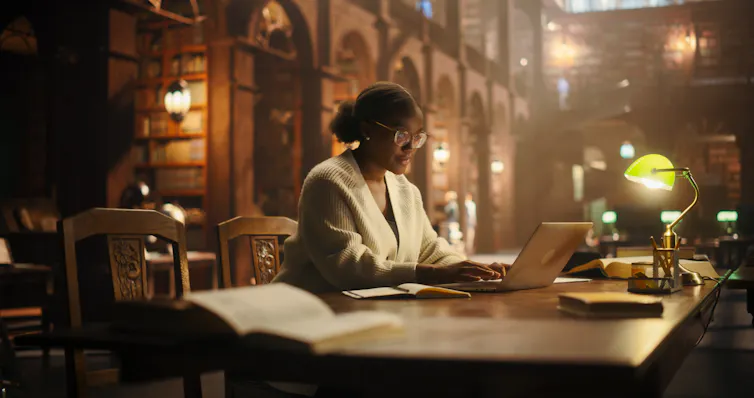 Student in historic library